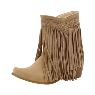 Generic Womens Western Ankle Boots Square Toe High Block Heel With Fringe Detail Slip On Vintage Style Leisure Shoes