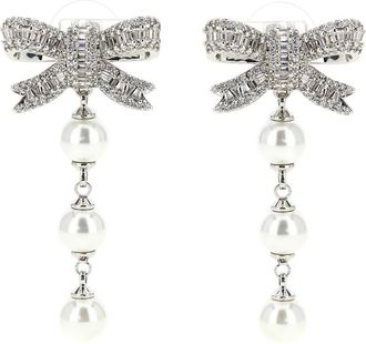 Self Portrait Crystal Bow Pearl Droplet Earrings - female - Self Portrait - Earrings - Gray - ONE SIZE - Accessories