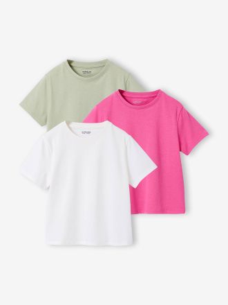 Vertbaudet 3er-Pack T-Shirts M&auml;dchen BASIC wei&szlig;+fuchsia+khaki