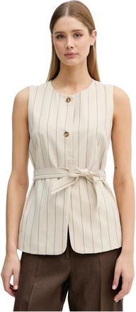 Benetton Gestreepte Mouwloze Vest met Strikceintuur - Dames - Bodywarmers - Beige - XS - Leer - Jassen