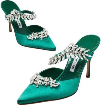 Manolo Blahnik Embellished Green Satin Mules Size 39.5