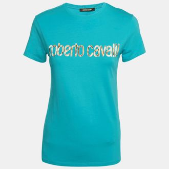 Roberto Cavalli Blue Logo Print Jersey T-Shirt