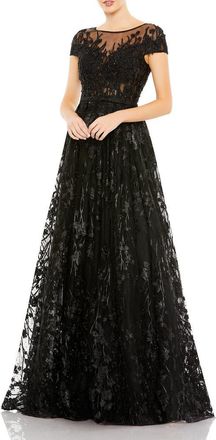 Mac Duggal Embellished Floral Cap Sleeve A Line Gown in Black at Nordstrom, Size 10