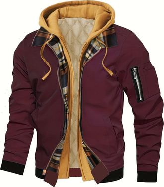 Generic Winter Jackets for Men,Fake Two-Piece Spliced Plaid Interior with Pockets Warm for Casual Flight Jacket Mens Autumn Winter Hooded Coat Fleece Workwear