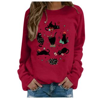 Generic Christmas Jumpers Christmas Cat Sweatshirts Black Cat Christmas Lights Shirt Crewneck Holiday Pullover Sweater Long Sleeve Pullover Blouse Crew Neck O