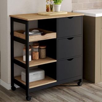 IDMarket MUNA aparador de cocina negro y efecto haya, 3 cestas + 1 estante extraíble L.76 cm