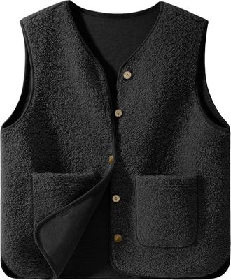 Generic Teddy Fleece Gilet - Sleeveless V-neck Button Down Vest, Sherpa Fluffy Waistcoat, Bodywarmers, Cozy Solid Color Lightweight Jacket with Pockets, Ladie