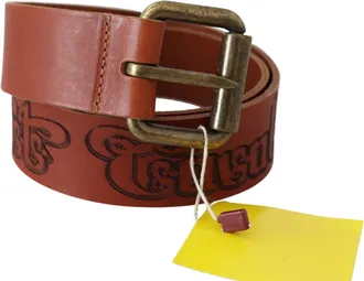 Just Cavalli Brown Leather Logo Bronze Rustic Metal Buckle Womens Belt