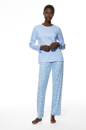 Mey Schlafanzug MEY Flower Meadow, Damen, Gr. 38, blau (blau silk), Single Jersey, Obermaterial: 100% Baumwolle, bequem lang, Rundhals, Homewear-Sets Schl