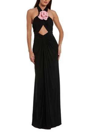 Mac Duggal Jersey Crossover Halter Neck Gown With 3D Flower in Black Pink at Nordstrom, Size X-Small