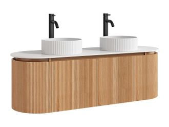 Vente-Unique Mueble de ba&ntilde;o suspendido estriado con doble lavabo sobre encimera redondo estriado y grifo - Natural claro - An. 150 cm - LILIKO