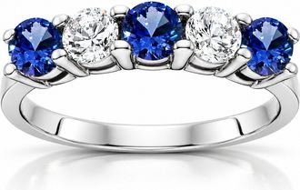 Pompeii3 1 cttw Blue Sapphire & Diamond 5-Stone Wedding Anniversary Ring 14k White Gold Size Selectable