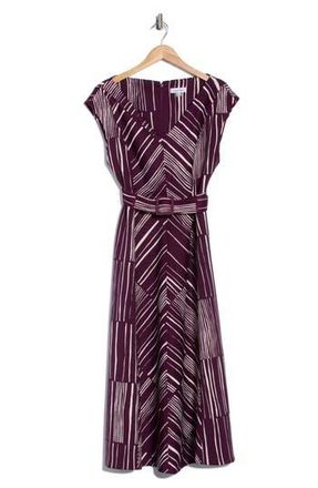 Calvin Klein Stripe Belted V-Neck Midi Dress in Aubergine/Cream at Nordstrom Rack, Size 14
