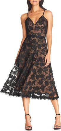 Dress The Population Tahani Floral Midi Cocktail Dress In Black/nude