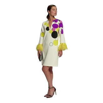 Moskada Gele jurk met stippen en veren - Dames - Korte kleedjes - Wit - XL - Kleedjes