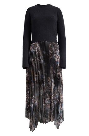 AllSaints Donatella Long Sleeve 2-in-1 Sweater & Dress Set in Ripple Gold Black at Nordstrom, Size X-Small