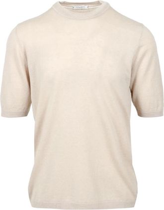 Paolo Pecora Beige Katoen Crew-Neck Half-Mouw Sweater - Heren - Ronde hals truien - Beige - L - Katoen - Truien & Vesten