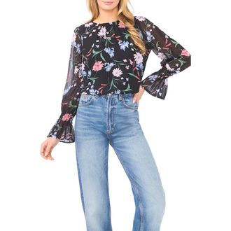 CeCe by Cynthia Steffe Floral Stripe Top in Rich Black at Nordstrom, Size Xx-Large