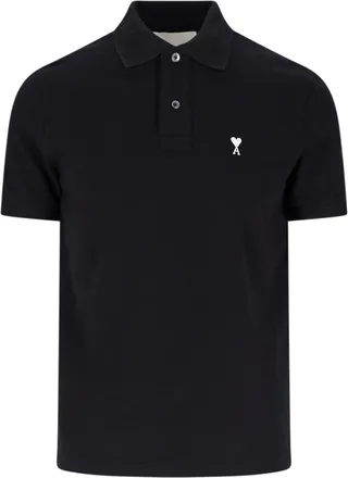 Ami Ami De Coeur Embroidered Black Cotton Polo Shirt