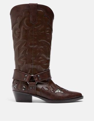 Stradivarius Stivali stile cowboy marroni con stampa animalier-Marrone