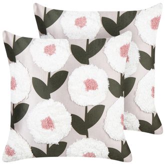 Beliani Beliani - Conjunto De 2 Cojines Decorativos De Algod&oacute;n Cuadrados 45 X 45 Cm Motivo Floral Funda Extra&iacute;ble Rosa Kunri