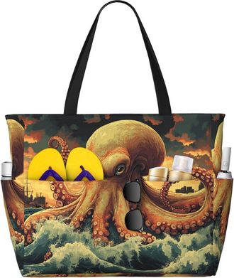 Generic Ocean Octopus Print Large Beach Bag Foldable Travel Shoulder Tote Bag With Pocket For Weekender Pool Vacation