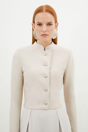 Karen Millen Womens Figure Form Bandage Cropped Button Up Knit Jacket - Beige - Size 16 UK