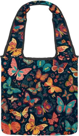 Generic Colorful Butterflies Leaves Floral Reversible Canvas Shoulder Tote - Double-Sided Print, 12oz Cotton, 27cm Drop, Fold-Flat Bag for Travel, Shopping, S