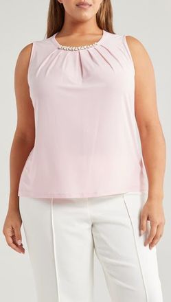 Kasper Faux Pearl Embellished Sleeveless Pleat Neck Top in Tutu Pink at Nordstrom, Size 1X