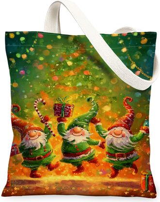 Generic Christmas Gnome Canvas Tote Bags, Festive Holiday Print Reusable Bags, Winter Fanciful Lightweight Washable Shoulder Strap, Green, 13x15 Inch