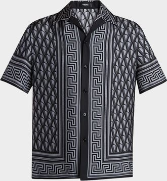 Versace Mens Silk Monogram Greca-Trim Bowling Shirt