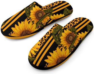 Generic Sunflower And Leopard Print Mens Slippers Flannel Warm House Shoes with Rubber Anti-Slip Sole Slip On for Home Outdoor