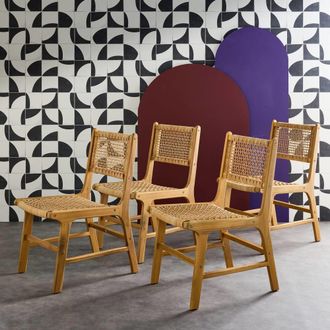 Sweeek Silla de ca&ntilde;a y madera, set de 4, natural