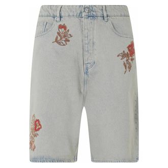 Dr&ocirc;le de Monsieur Denim Shorts, male, Blue, Size: S Floral-embroidered Denim Shorts
