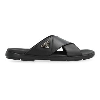 Prada Sliders, male, Black, Size: 7 US Logo Leather Slides, Round Toeline