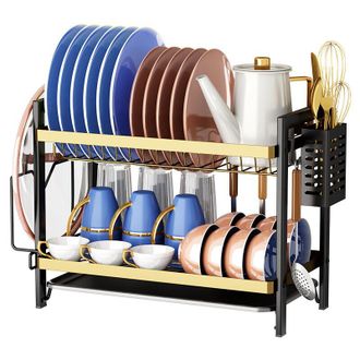 OEM Escurridor De Platos Grande Negro Para Colocar Sobre El Fregadero, De 2 Niveles, Con Bandeja De Drenaje Y Soporte Para Cubiertos - Negro + Dorado -cre