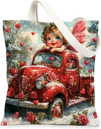 Generic Winter Heart Floral Canvas Tote Bags, Vintage Truck Rose Pattern Reusable Bags, Romantic Lightweight Washable Shoulder Strap Canvas for Travel Beach 1