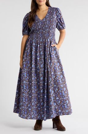 Sugarlips Bruceton Floral Print Smocked Dress in Brown-Blue at Nordstrom, Size 1X