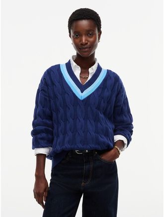 Tommy Hilfiger Womens Relaxed Fit Cable Knit Cricket Sweater - Blue Ink - XXS