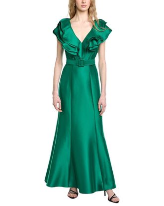 Badgley Mischka V-Neck Ruffle Gown