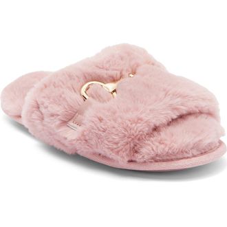 BCBGeneration Plush Horsebit Faux Fur Slipper in Blush at Nordstrom Rack, Size Medium