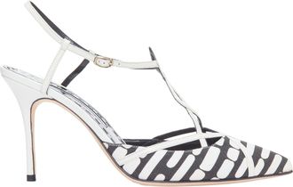 Manolo Blahnik canvas leather trim strappy heels