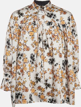 Victoria Beckham Off-White Floral Print Satin Ruffled Top