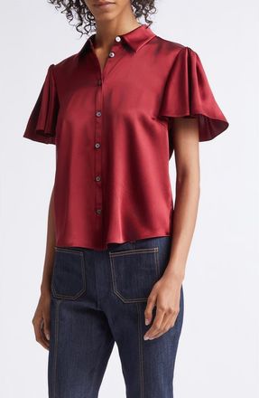 Cinq &agrave; Sept Fiona Flutter Sleeve Silk Satin Button-Up Shirt in Berrywine at Nordstrom, Size X-Large