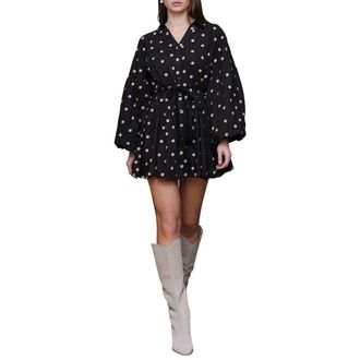Avec Les Filles Embroidered Long Sleeve Babydoll Mini Shirtdress in Black Daisy Embroide at Nordstrom Rack, Size 8