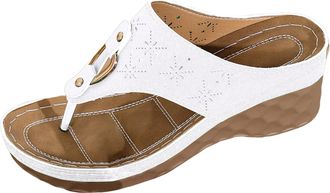 Generic Womens Wedge Sandals Summer with Cut Out Casual Comfortable Flat Sole Slides Breathable Fashion Outdoor Floral Flip Flops for Daily Walking (White, 5.