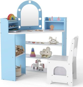 Costway Corner Kids Vanity Princess Vanity Table & Chair Set with Lights-White