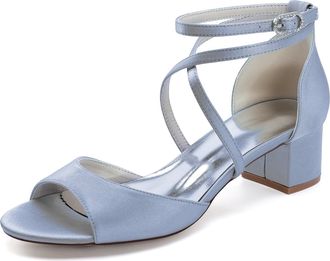 Generic Womens Block Heels Wedding Shoes Satin Bridal Low Heels Shoes Open Toe Ankle Strap Party Dress Heels Sandals 4.5Cm,Silver,10 UK