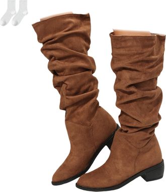 Generic Womens Slouch Boots, Winter Mid-Calf Boots, Soft Suede-Look Slip-On Boots with Low Block Heel, Comfortable Winter Boots in Plus Sizes for Everyday Wea