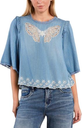 BILLY T Lady Butterfly Lace Trim Chambray Top in Denim at Nordstrom, Size X-Large